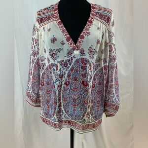 Joie Red‎ and Blue Patterned V-Neck Blouse 100% Silk
